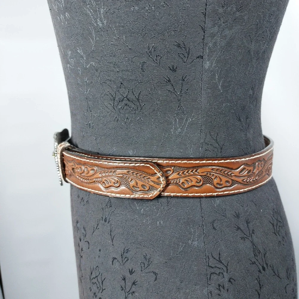 Western Tooled Leather Belt Youth L 28/30 Brown Square Silver Steer Buckle